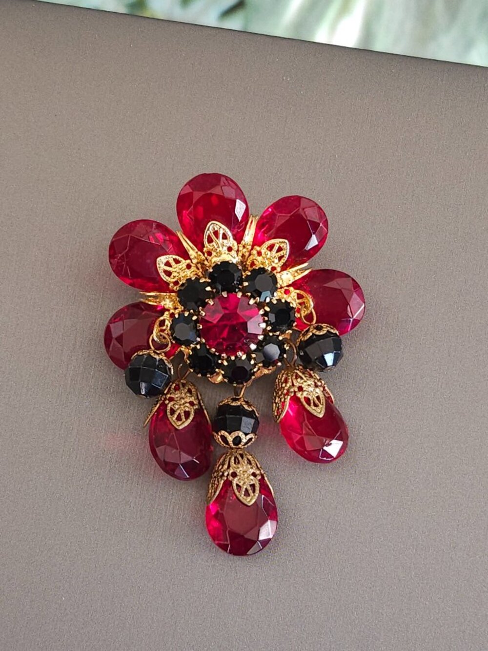 Vintage Red & Black Rhinestone Dangle Brooch